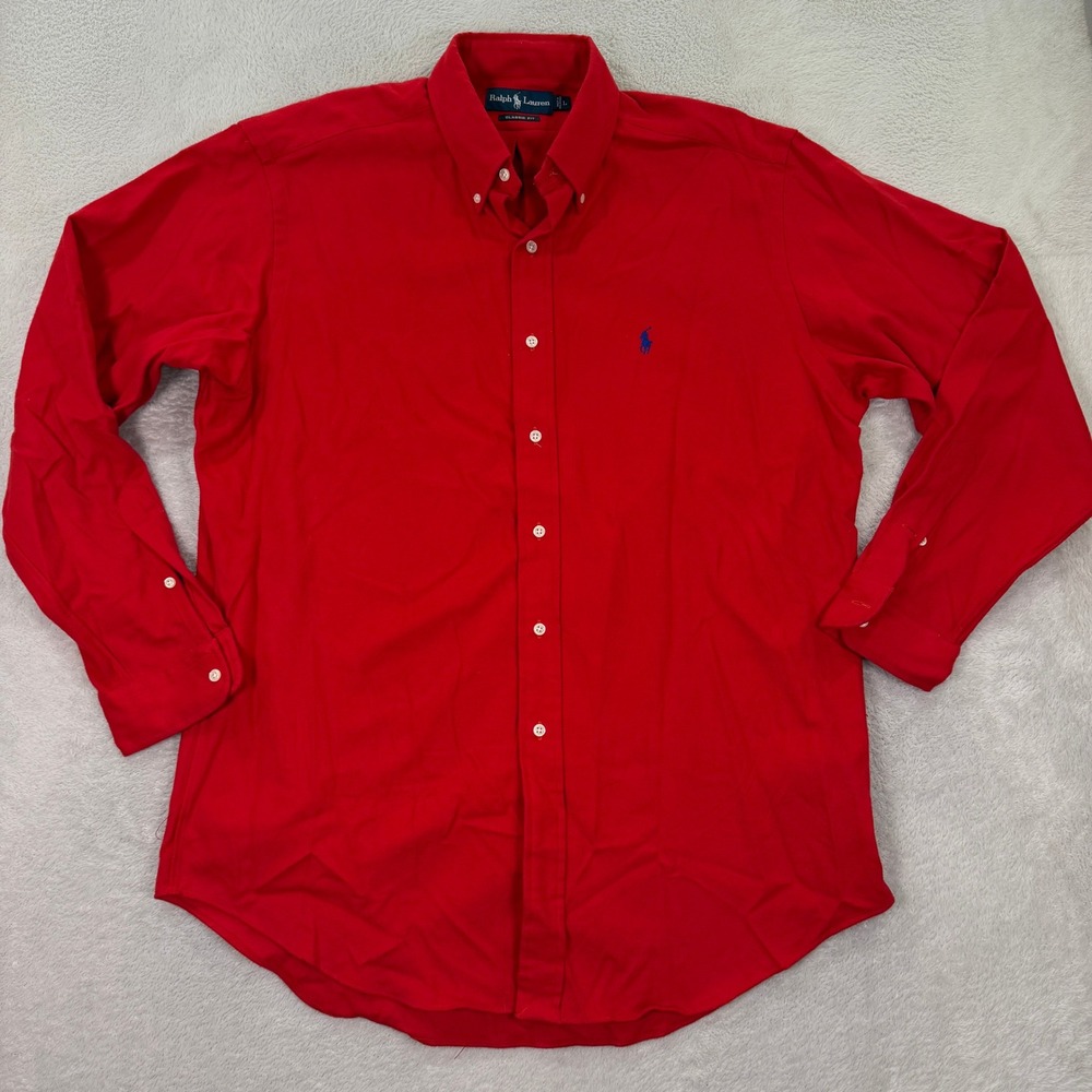 Ralph Lauren Mens Large Button Down Shirt Adult Red Classic Fit Pony Logo Preppy